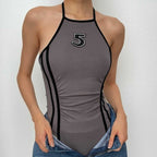 Halter self tie ruched backless "5" embroidery contrast bodysuit