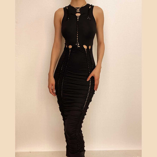 Ärmelloses Maxikleid mit Rundhalsausschnitt, ausgehöhlten, einfarbigen Rüschen 