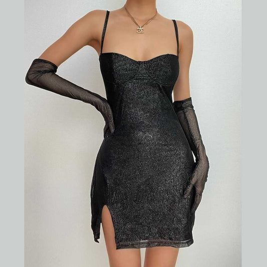 Strukturierte Netzhandschuhe, herzförmiger Ausschnitt, Reißverschluss, Schlitz, Camisole-Minikleid