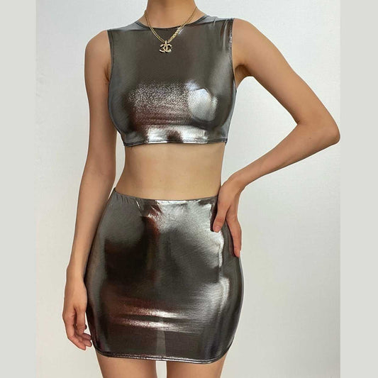Metallic sleeveless round neck mini skirt set