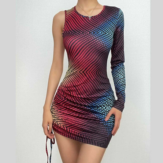 Minikleid mit unregelmäßigem One-Shoulder-Träger und kontrastierendem Polka Dot-Muster und Kordelzug 