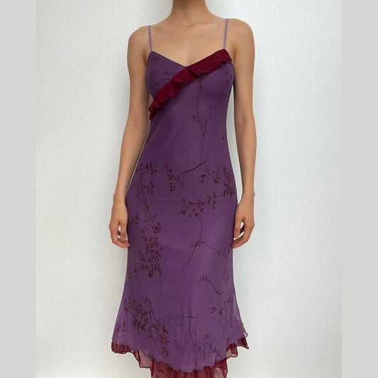 Mesh-Blumendruck, Rüschen, Reißverschluss, Patchwork, V-Ausschnitt, Camisole-Midikleid 