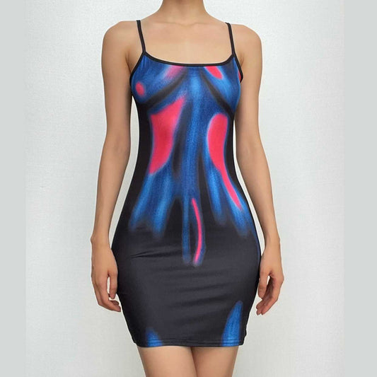 Rückenfreies Camisole-Minikleid mit U-Ausschnitt und Kontrastprint 