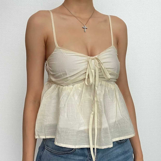 Einfarbiges, gerüschtes Camisole-Oberteil mit V-Ausschnitt und Smokarbeit zum Binden 