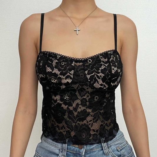 Rückenfreies Camisole-Top aus einfarbiger Spitze mit Schlitz 
