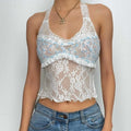 Lace ruffled see through flower low cut backless halter top