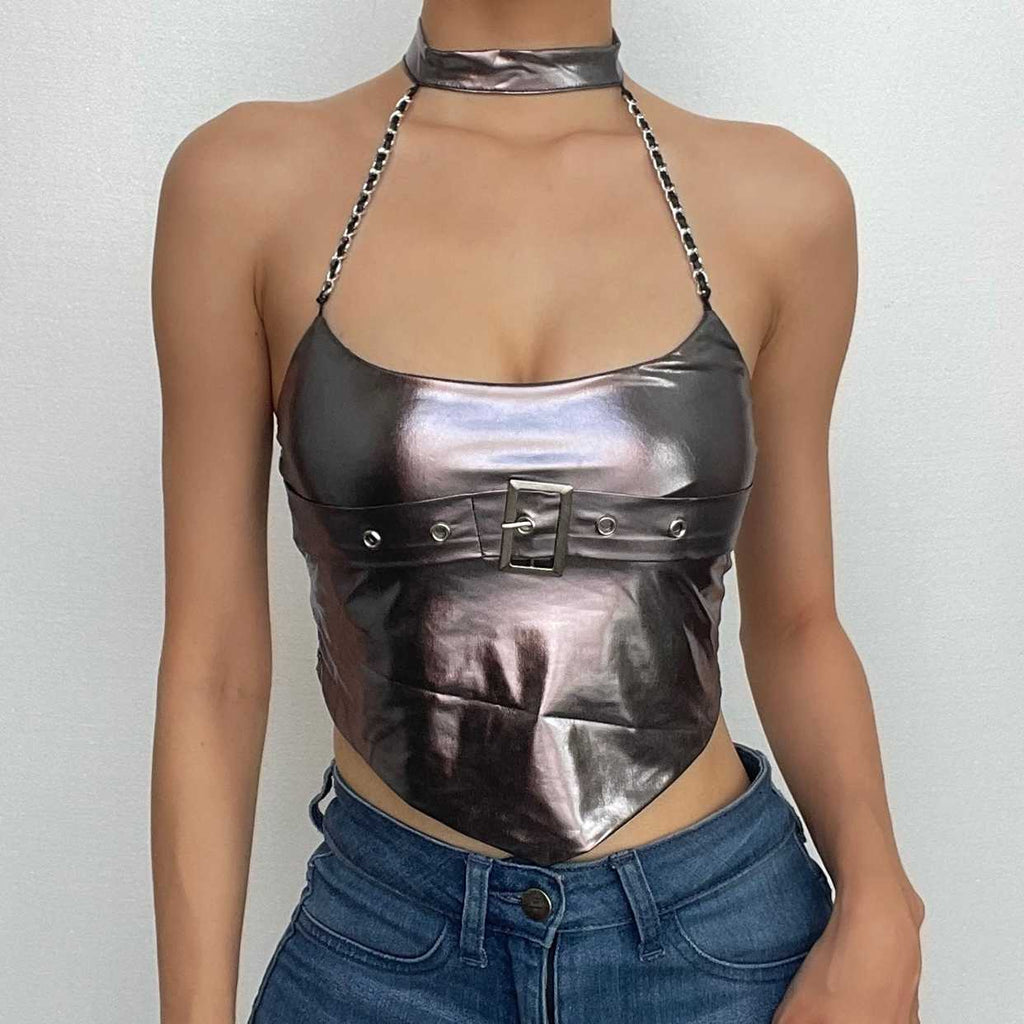 Halter metallic button backless metal chain crop top