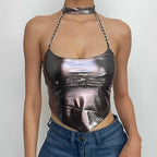 Halter metallic button backless metal chain crop top