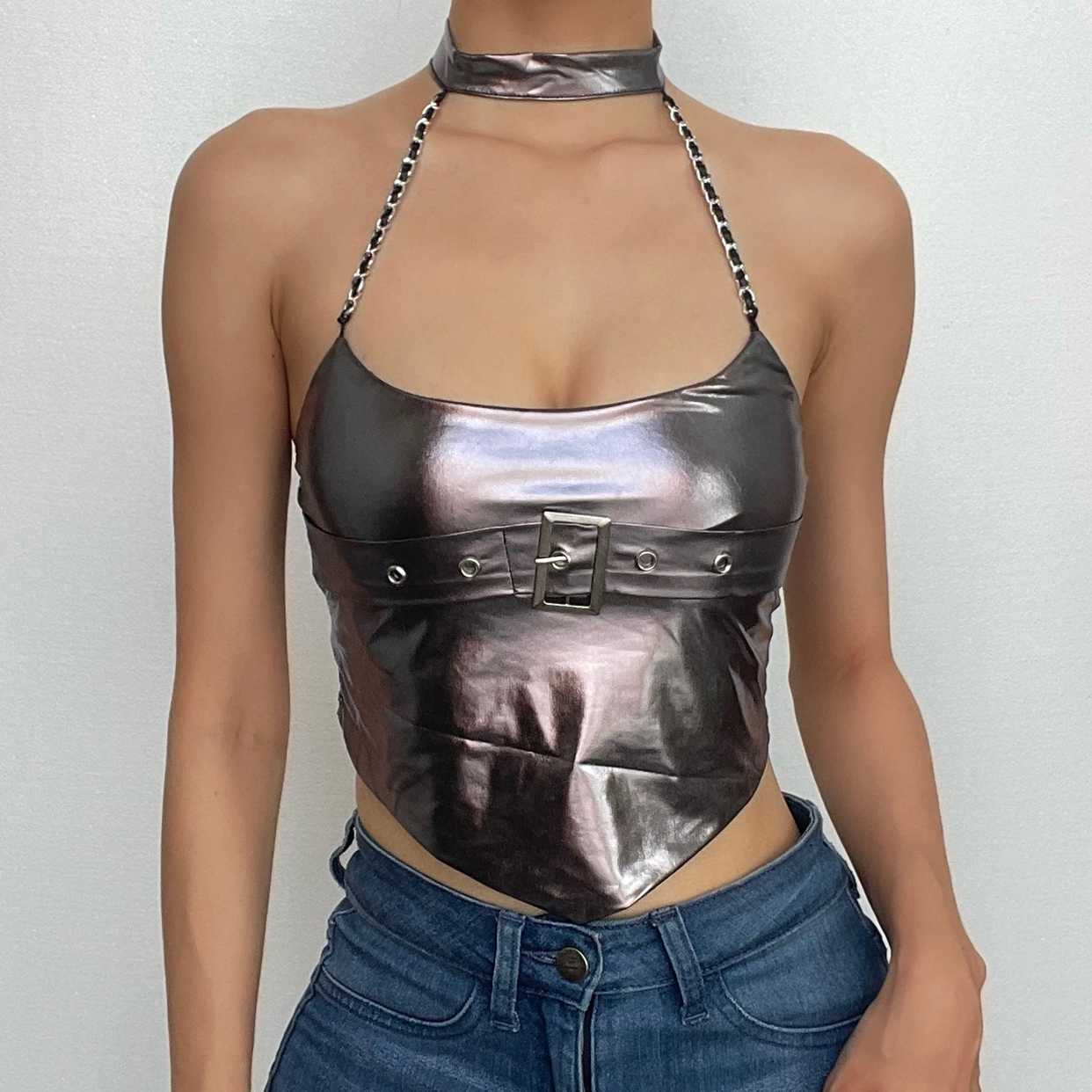 Halter metallic button backless metal chain crop top