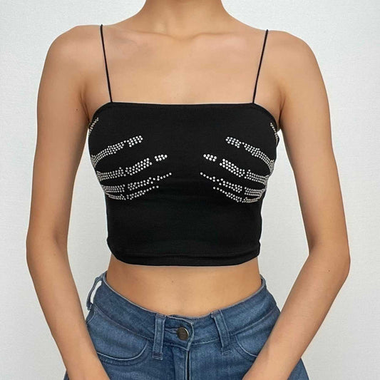 Beaded square neck backless palm pattern crop top