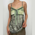 Lace hem patchwork v neck tie dye contrast mesh backless cami top