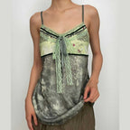 Lace hem patchwork v neck tie dye contrast mesh backless cami top