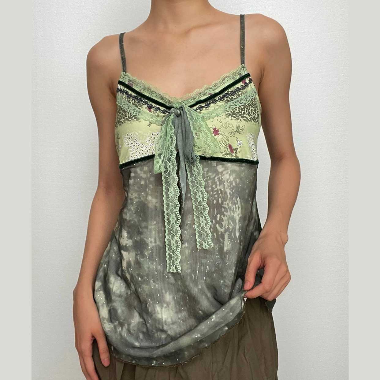 Lace hem patchwork v neck tie dye contrast mesh backless cami top