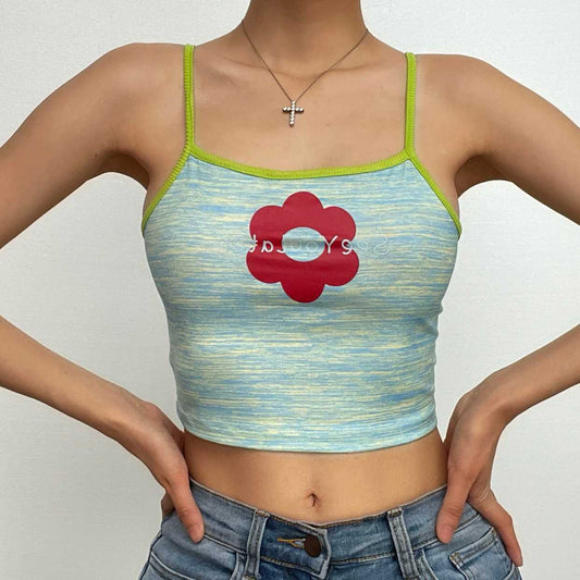 Top corto con scollo quadrato a contrasto e motivo floreale