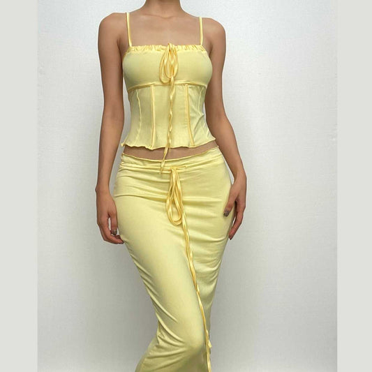 Rückenfreies, einfarbiges Midikleid mit Rüschen, Korsett und Kordelzug