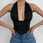 Halter backless solid ruched self tie top