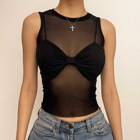 Ärmelloses, festes Netz-Crop-Top mit Rundhalsausschnitt und Schleife, 2-teilig 