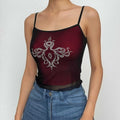 Beaded abstract u neck mesh ruffle cami crop top