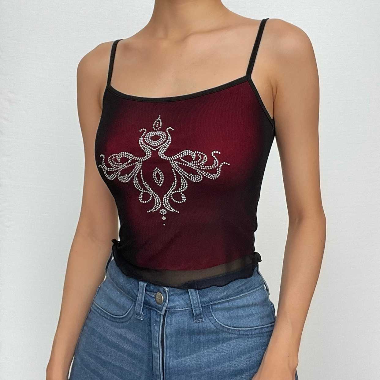 Beaded abstract u neck mesh ruffle cami crop top