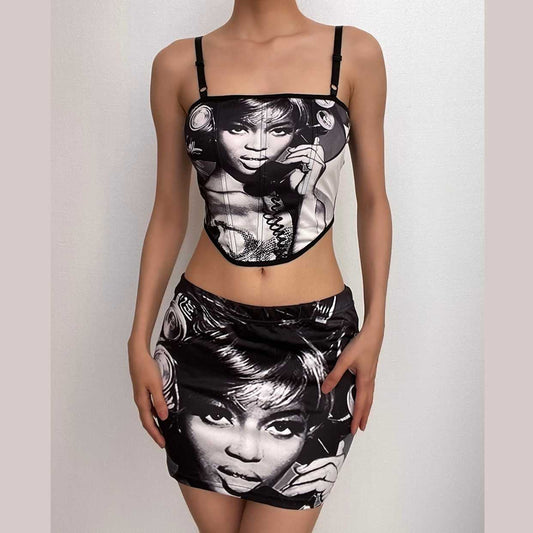Contrast abstract print square neck cami mini skirt set