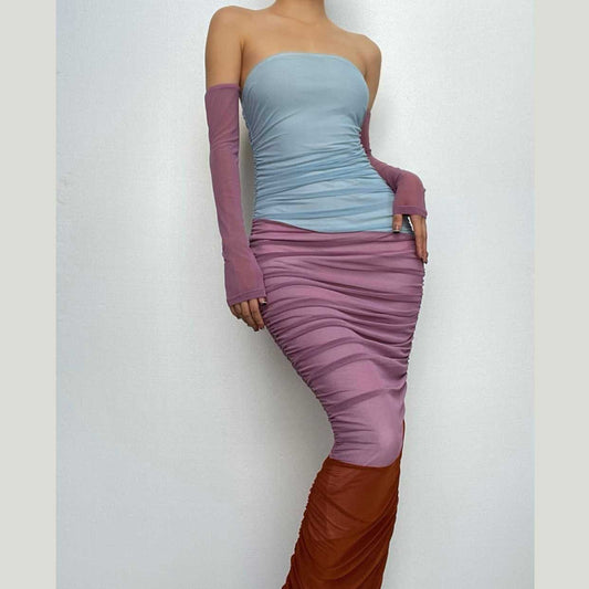 Schulterfreies Maxi-Tube-Kleid aus Netzstoff mit gerafftem Kontrast-Patchwork 