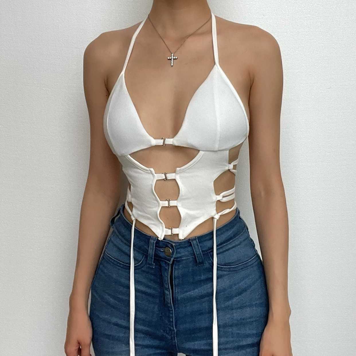 Top corto con scollo a V traforato, schiena scoperta e lacci 