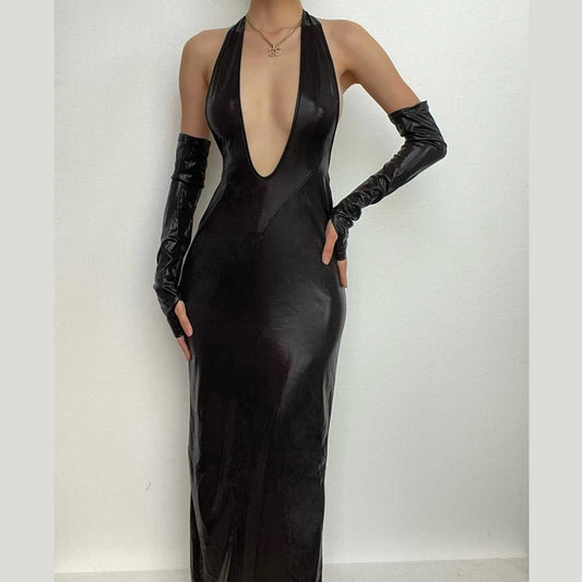 Neckholder-Maxikleid mit V-Ausschnitt und rückenfreien Handschuhen zum Selbstbinden in Metallic