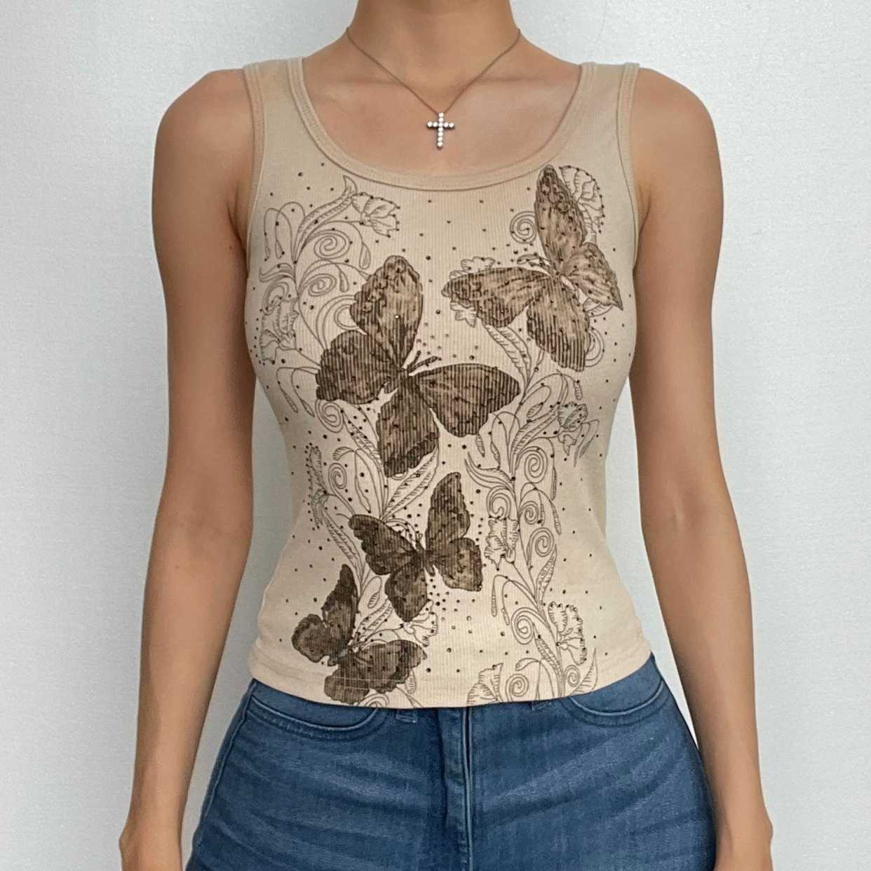 Ribbed butterfly pattern sleeveless contrast beaded crop top
