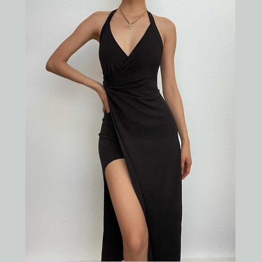 Ruched v neck knotted halter solid slit backless midi dress