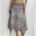 Mesh flower print irregular ruffle zip-up midi skirt