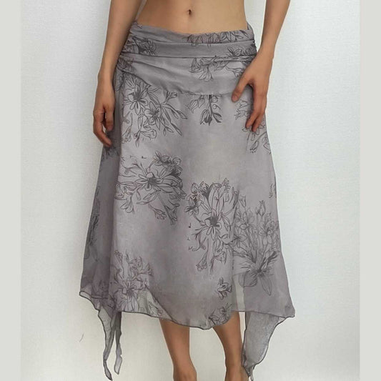 Mesh flower print irregular ruffle zip-up midi skirt