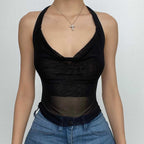 Sheer mesh see through solid cross front cowl neck 3-way top