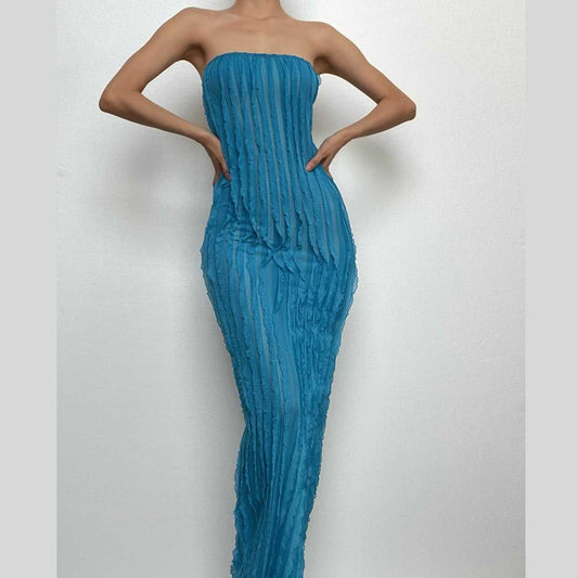 Backless ruffle solid textured tube maxi dress