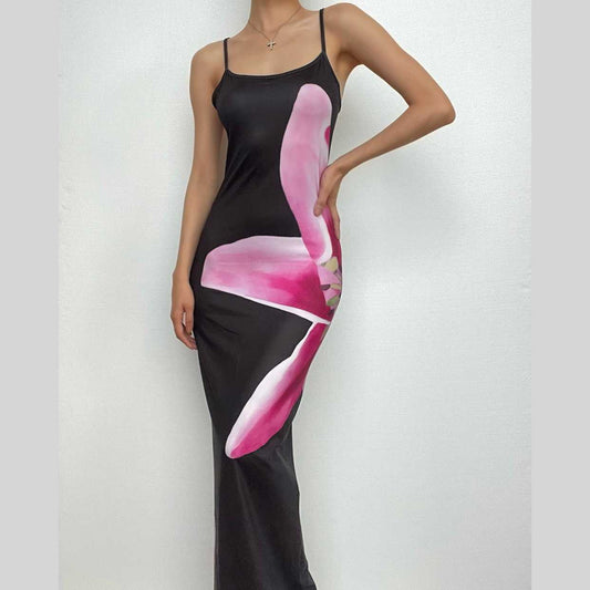 Rückenfreies Camisole-Maxikleid mit Lilienmuster, kontrastierendem Schlitz und quadratischem Ausschnitt 