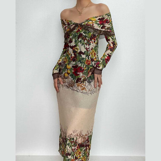 Schulterfreies, langärmliges, gerüschtes Midikleid mit Blumenmuster und Kontrastreißverschluss aus Netzstoff 