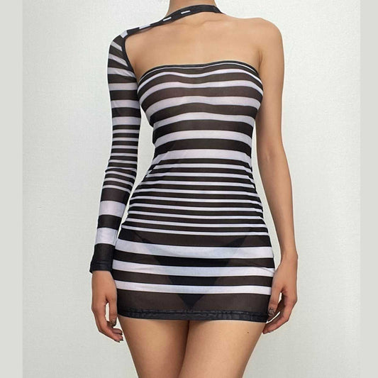 Unregelmäßiges transparentes Netz-Minikleid mit One-Shoulder-Streifen