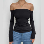 Off shoulder long sleeve ribbed solid top