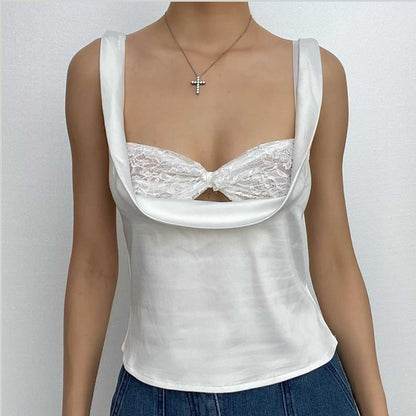 Top in due pezzi con fiocco, senza maniche e schiena scoperta in pizzo