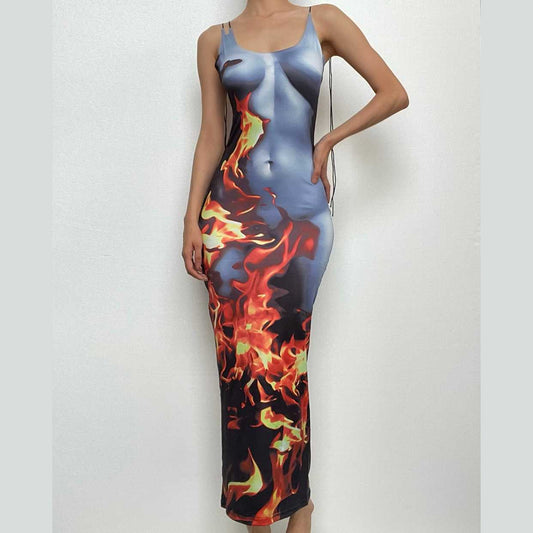 Ärmelloses, rückenfreies Midikleid mit U-Ausschnitt und Body-Print in Kontrastfarbe 