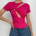 Short sleeve crewneck ruched hollow out corset top