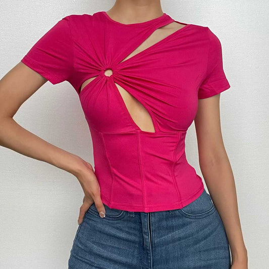 Top corsetto con scollo a giro a maniche corte e arricciature traforate 