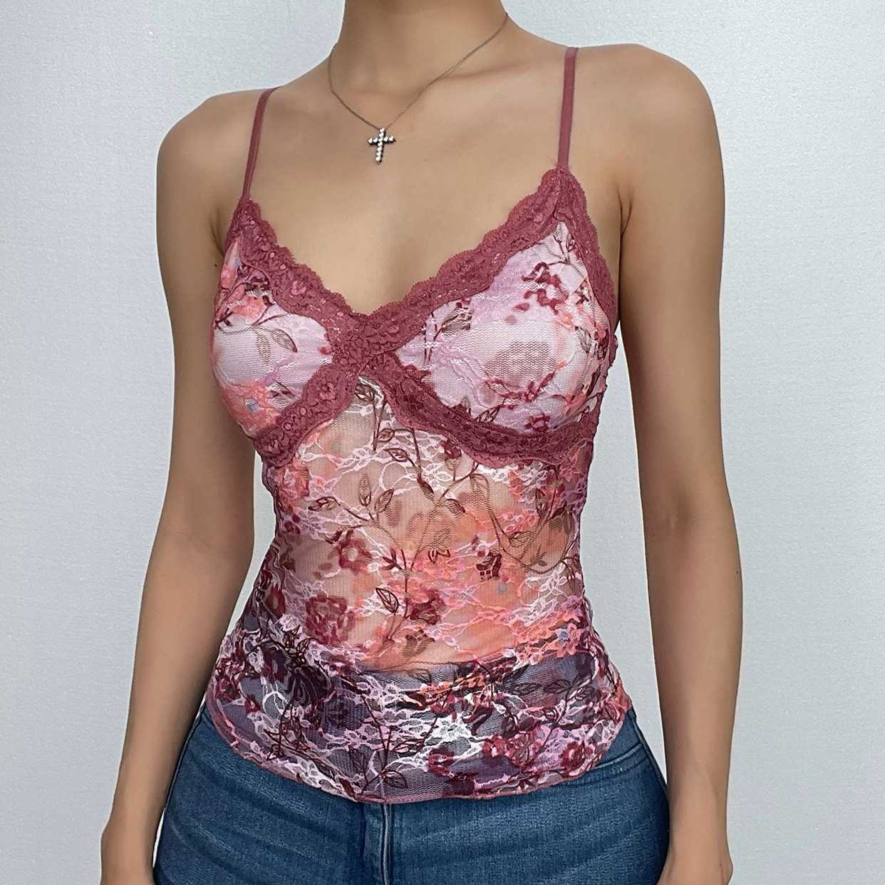 Rückenfreies Cami-Top mit Spitzen-Blumenmuster und V-Ausschnitt in Kontrastfarbe 