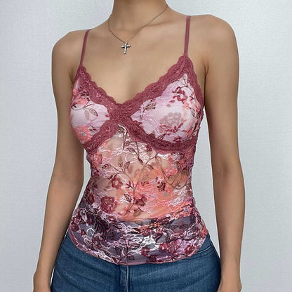 Rückenfreies Cami-Top mit Spitzen-Blumenmuster und V-Ausschnitt in Kontrastfarbe 