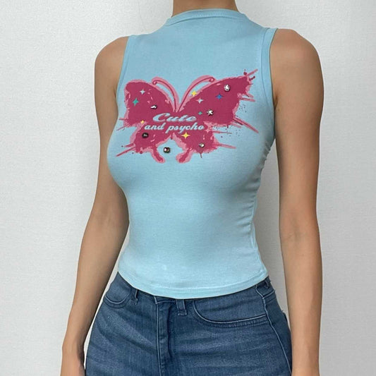 Beaded sleeveless contrast butterfly pattern top