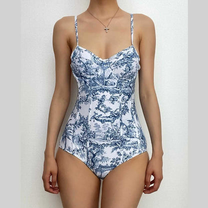 Contrast print v neck backless cami one piece swimwear with beach skirt