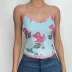 Top in rete a contrasto con scollo a V e stampa floreale con orlo in pizzo 
