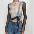 Drawstring long sleeve sheer mesh see through ruched contrast top