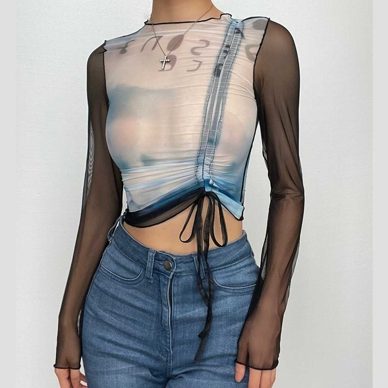 Drawstring long sleeve sheer mesh see through ruched contrast top