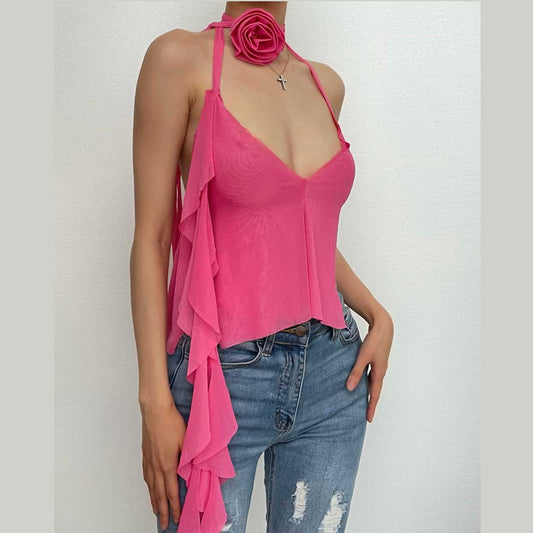 Transparentes Netzstoff-Crop-Top mit Blumenapplikation und V-Ausschnitt, Neckholder und Rüschen, rückenfrei