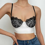 Lace patchwork backless low cut contrast cami crop top